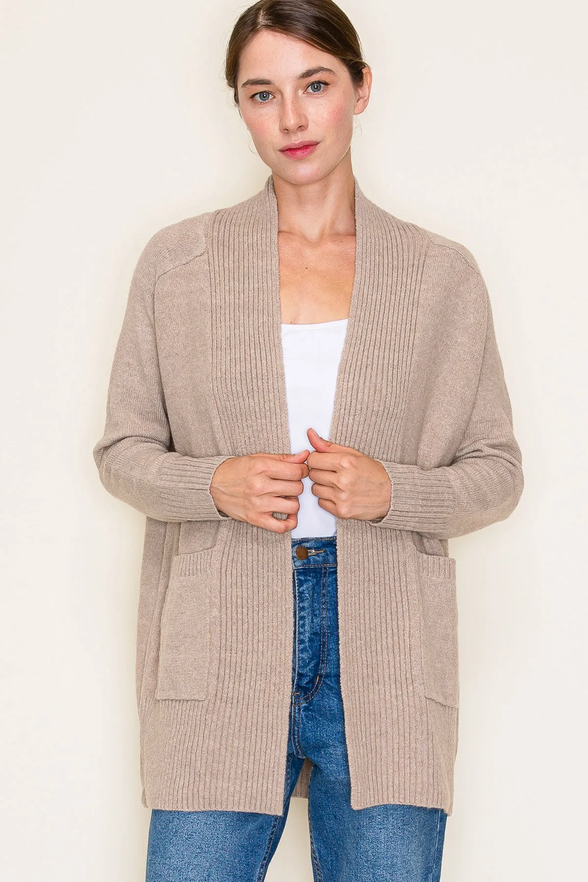 Basic Taupe Ribbed Edge Pocket Cardigan