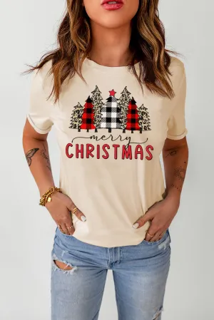 Beige Christmas Plaid Leopard Tree Graphic Top