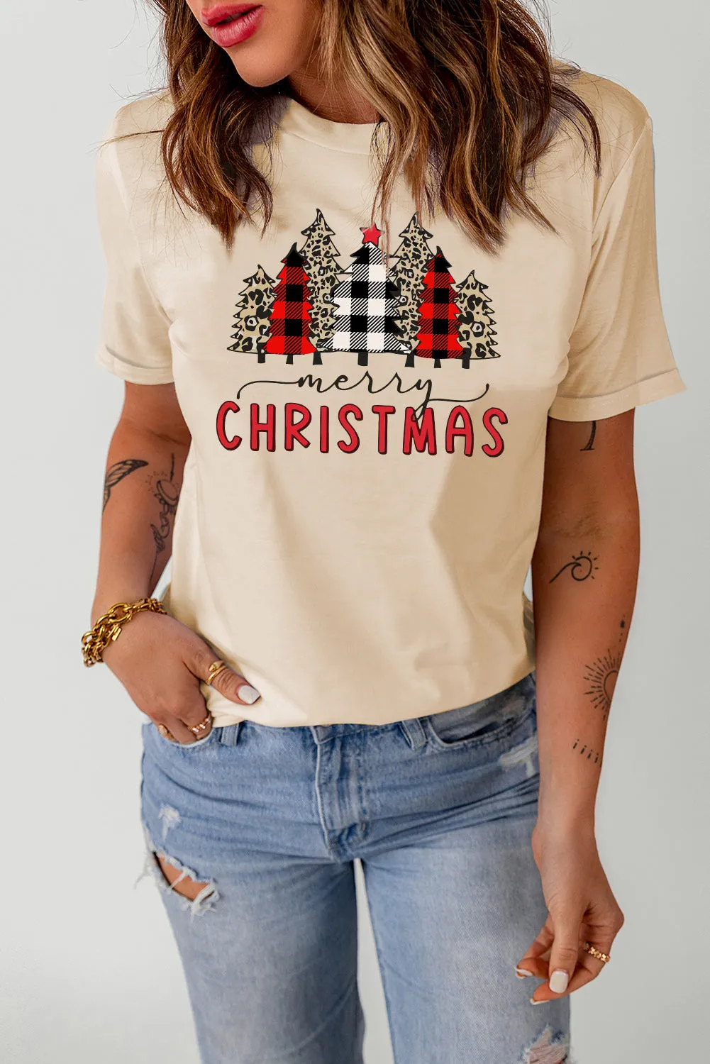 Beige Christmas Plaid Leopard Tree Graphic Top