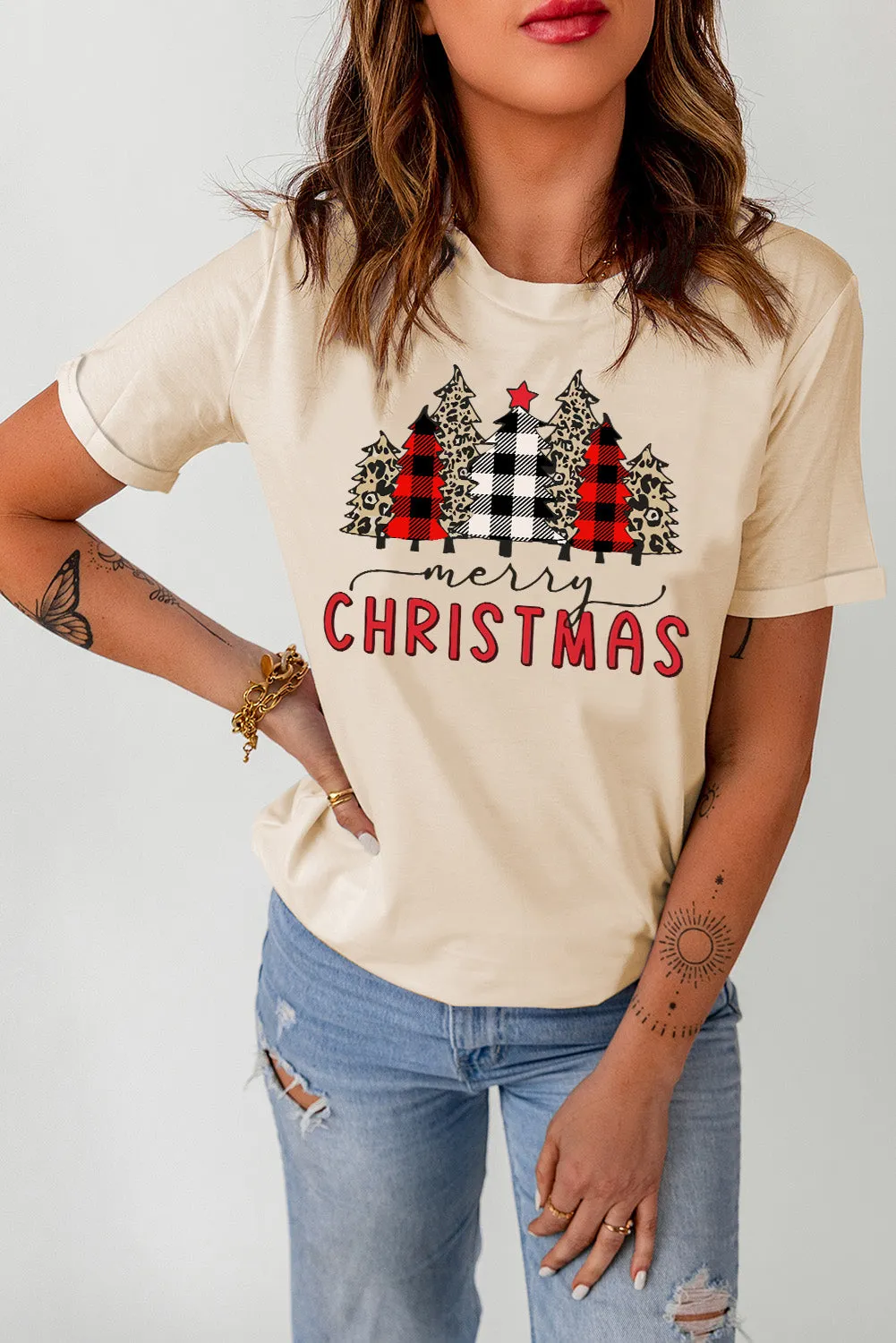 Beige Christmas Plaid Leopard Tree Graphic Top