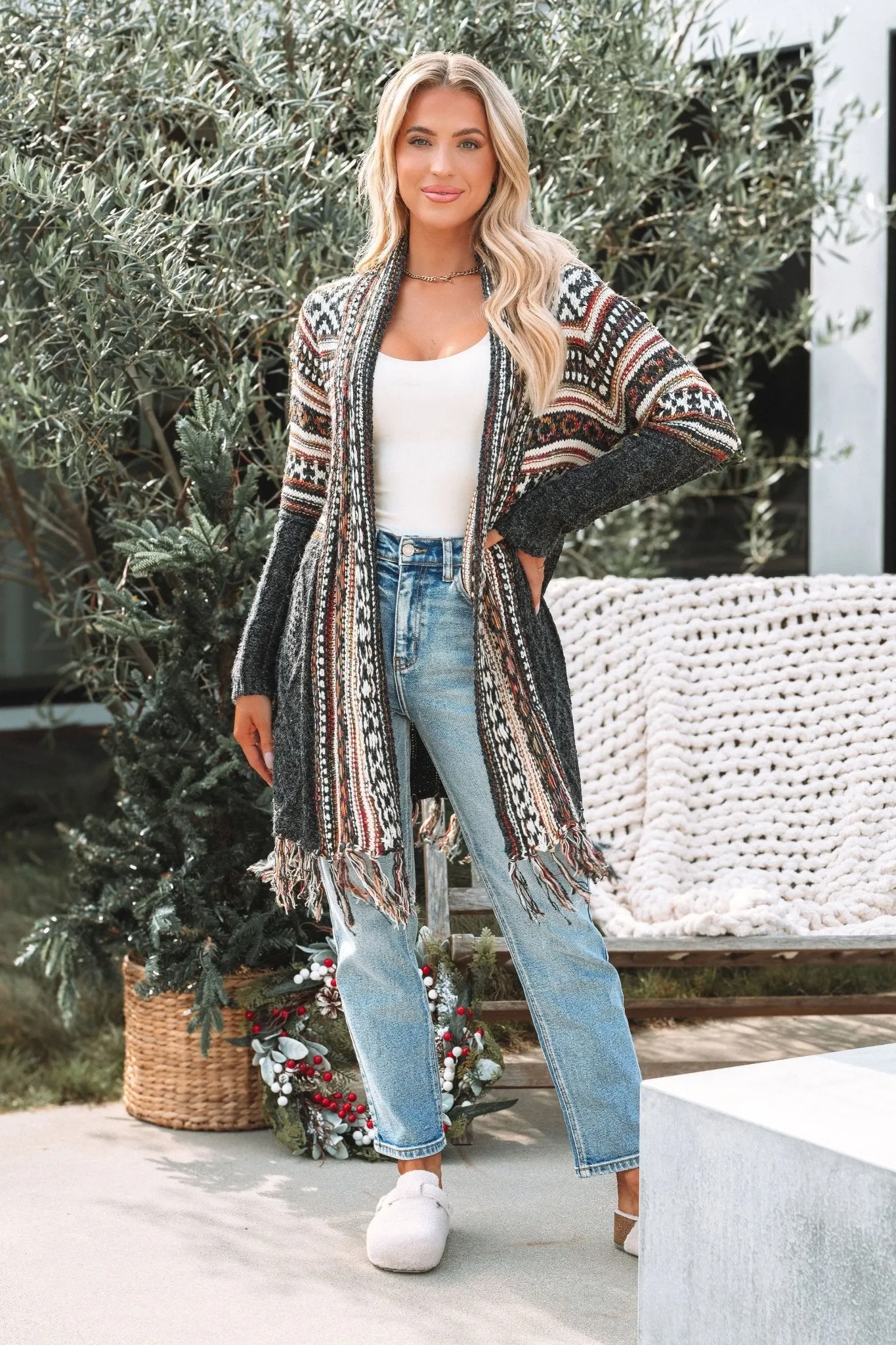 Black Tribal Print Fringe Duster Cardigan