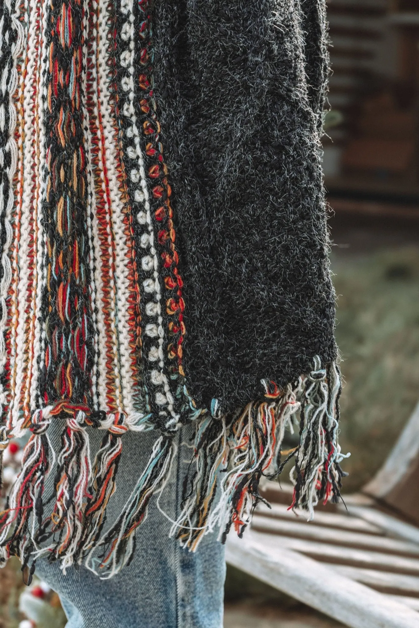 Black Tribal Print Fringe Duster Cardigan