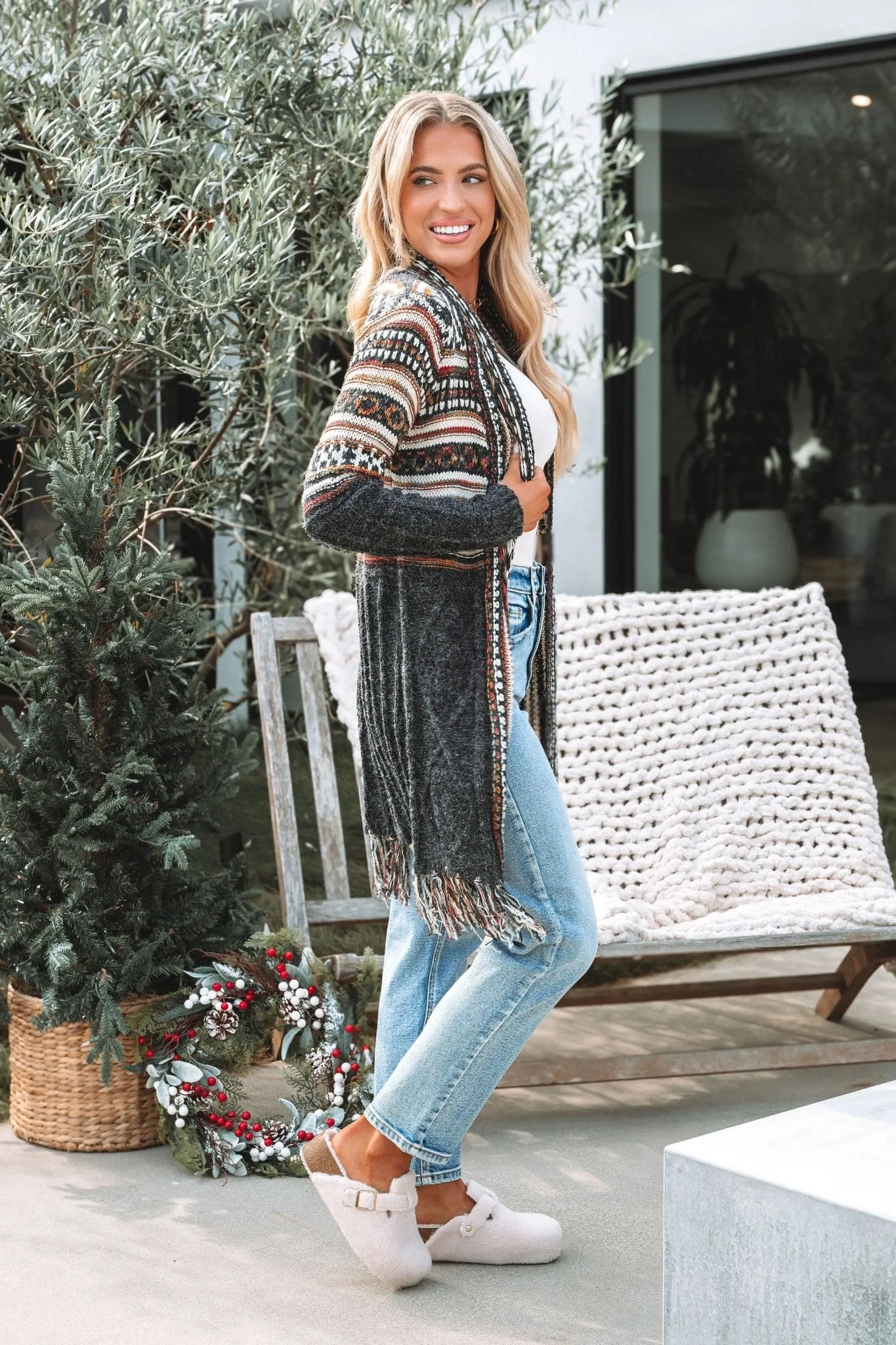 Black Tribal Print Fringe Duster Cardigan