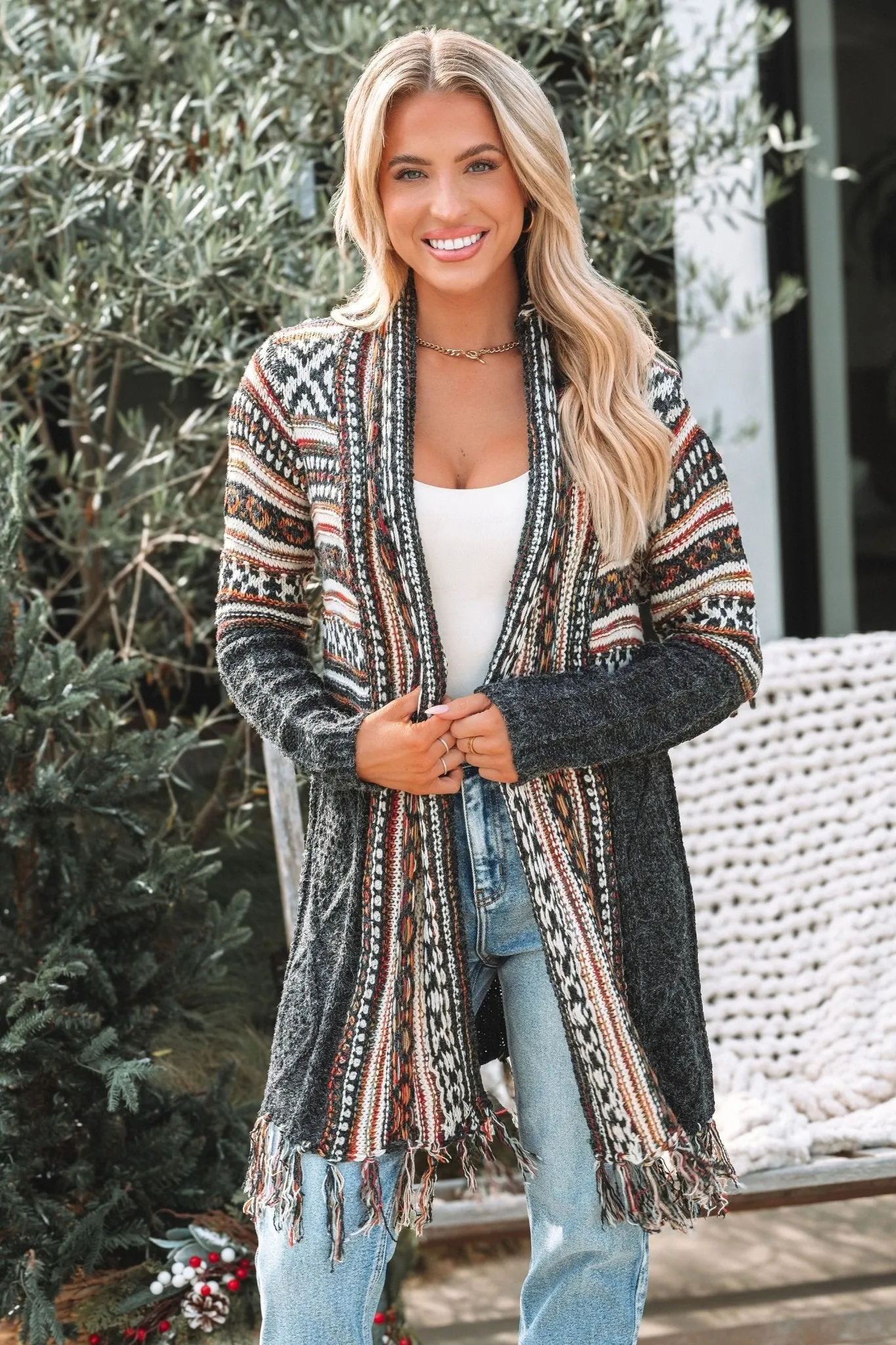 Black Tribal Print Fringe Duster Cardigan