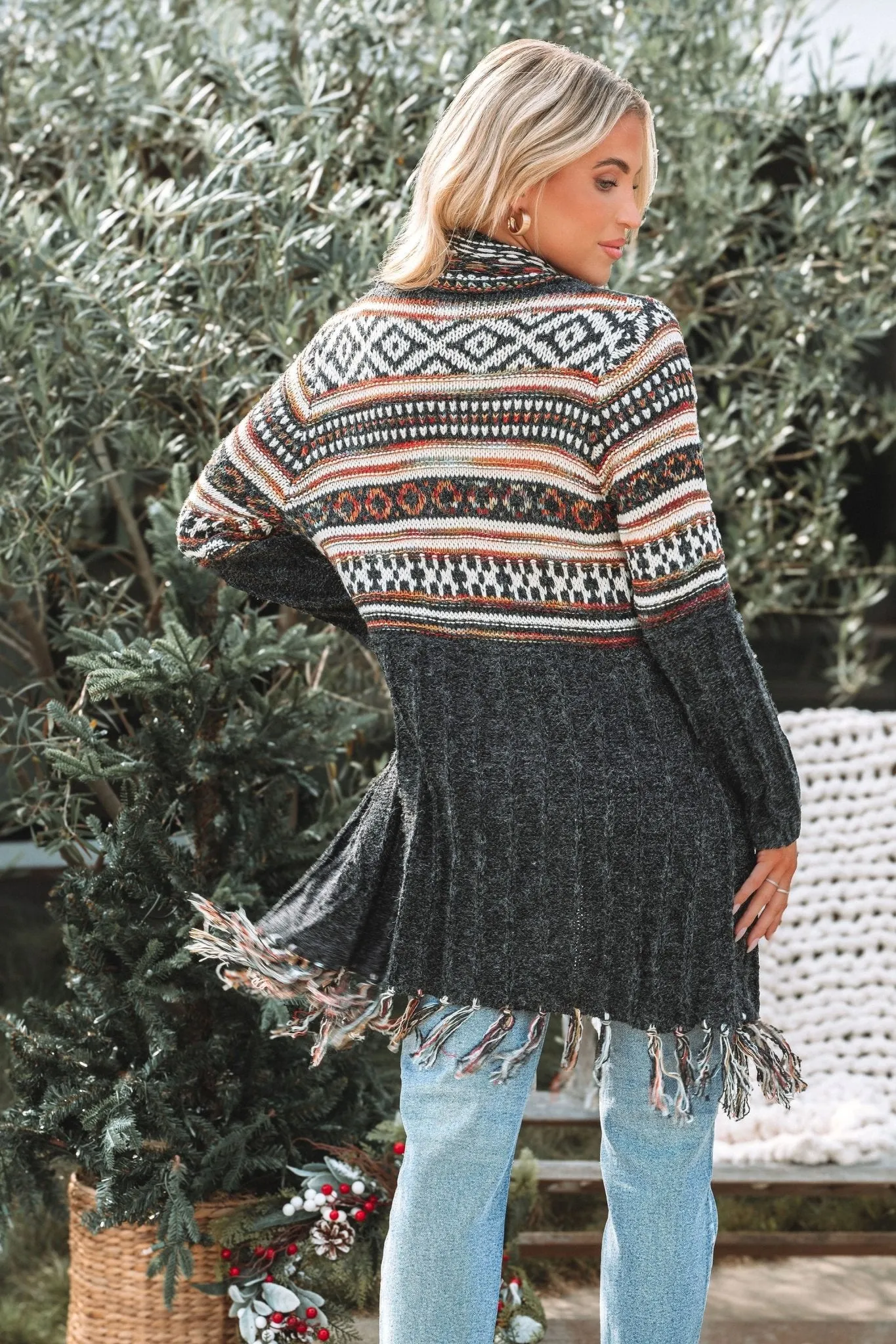 Black Tribal Print Fringe Duster Cardigan