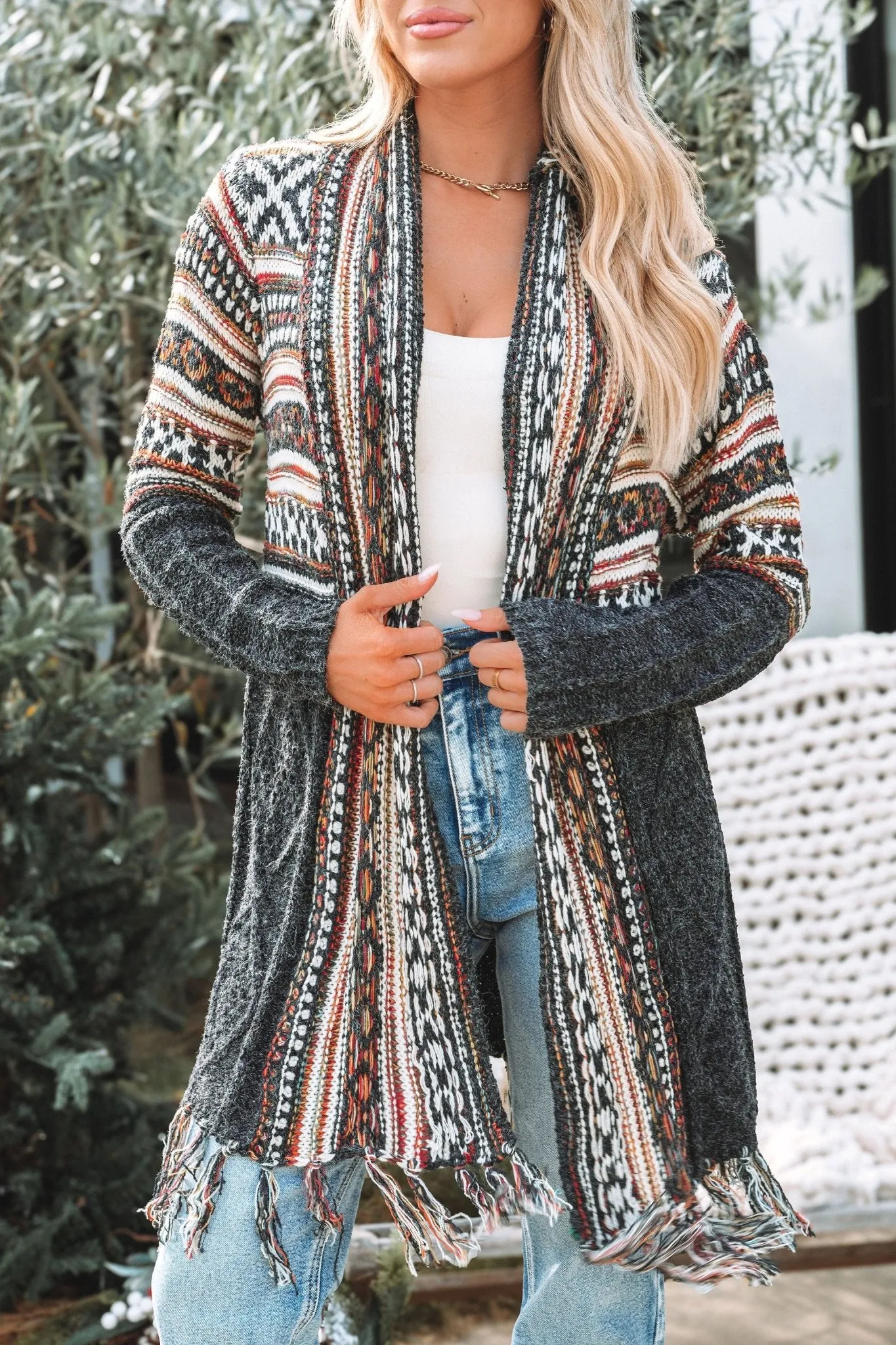 Black Tribal Print Fringe Duster Cardigan