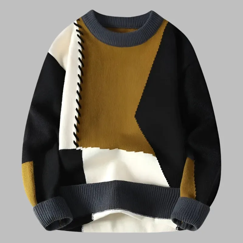 Casual Streetwear Pullover: Stylish Warmth Patchwork Men's Sweater