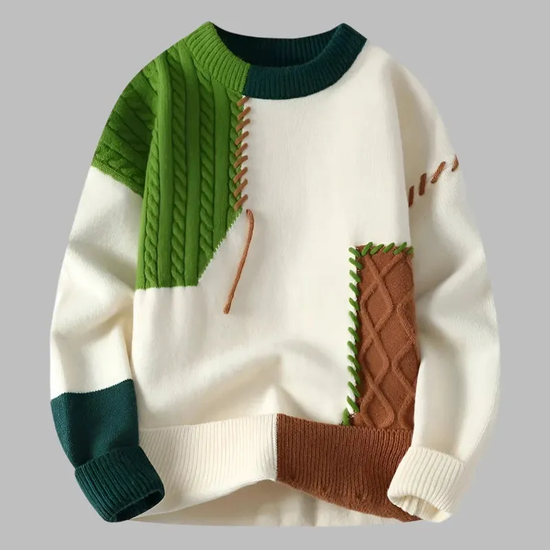 Casual Streetwear Pullover: Stylish Warmth Patchwork Men's Sweater