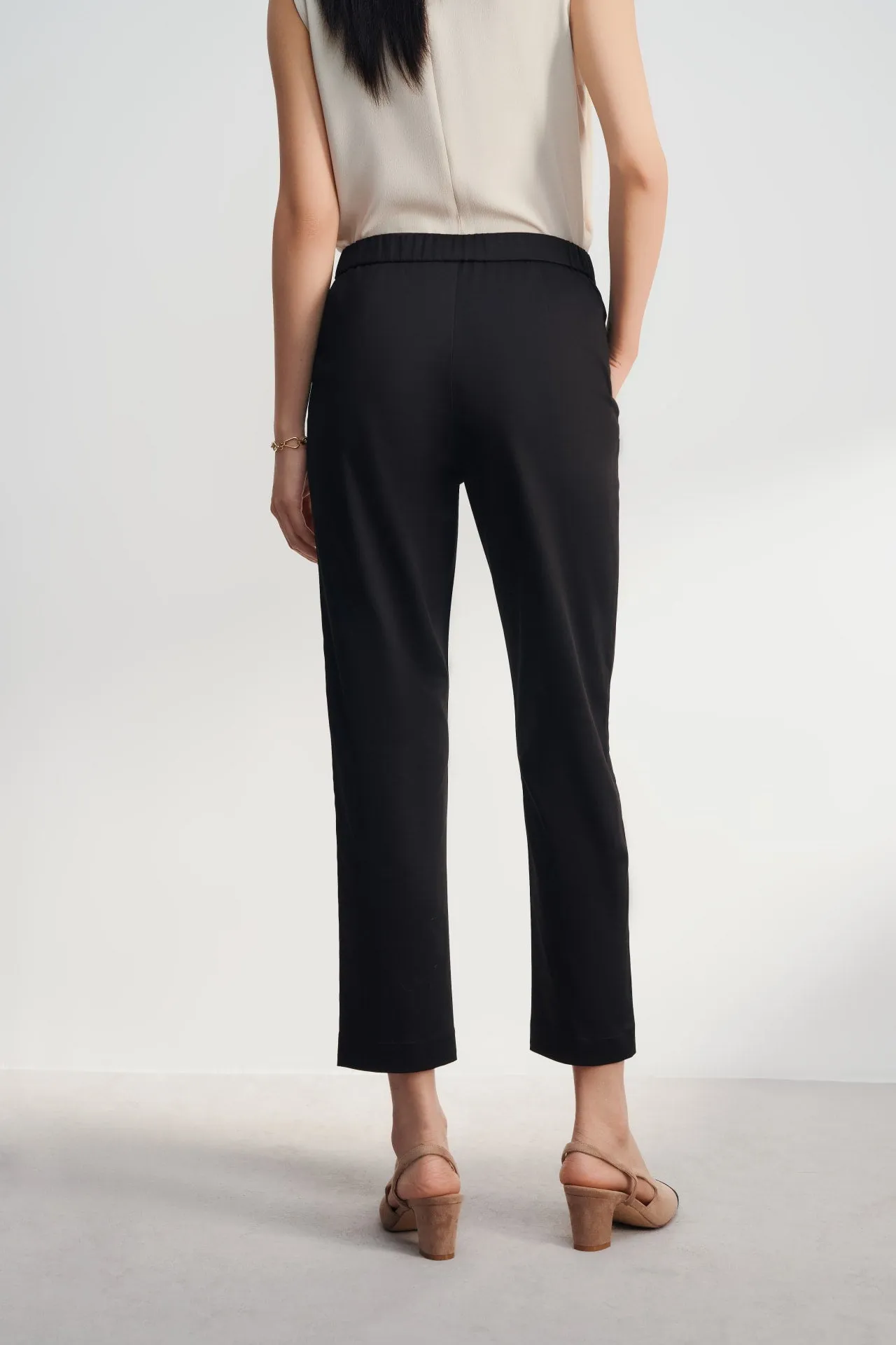 Cotton Blend Spandex Satin Cropped Cigarette Pants With Elastic Waistband