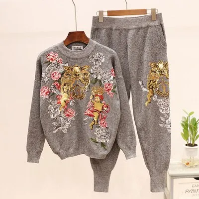 Floral Sequin Embroidery Sweater & Pants Set