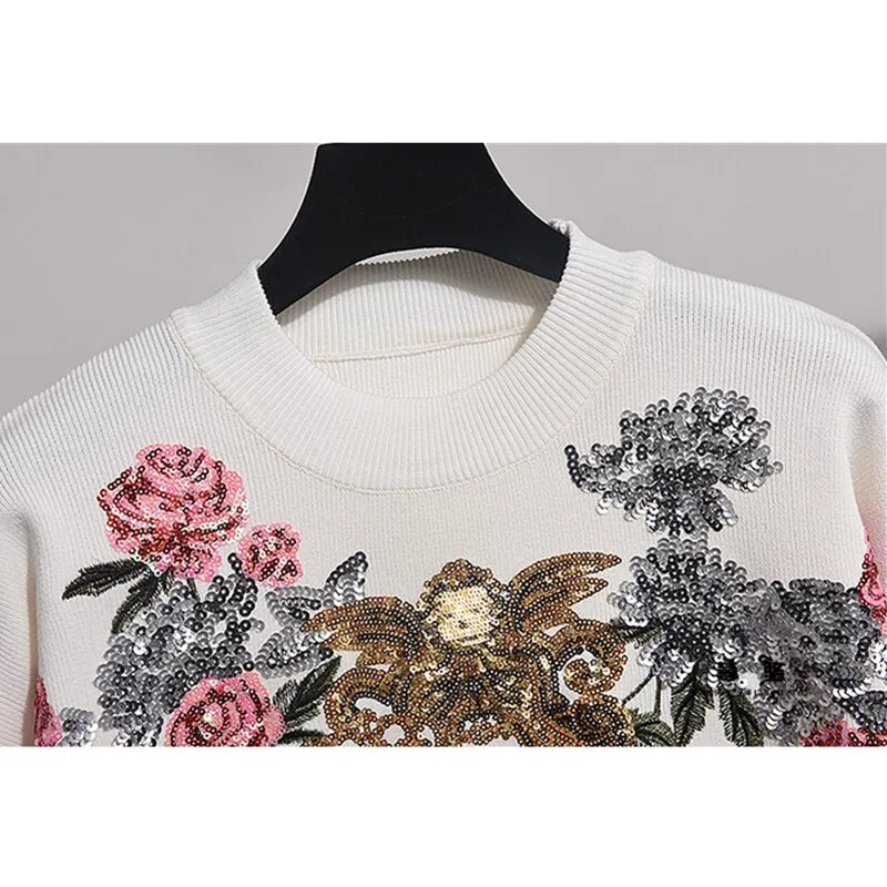 Floral Sequin Embroidery Sweater & Pants Set