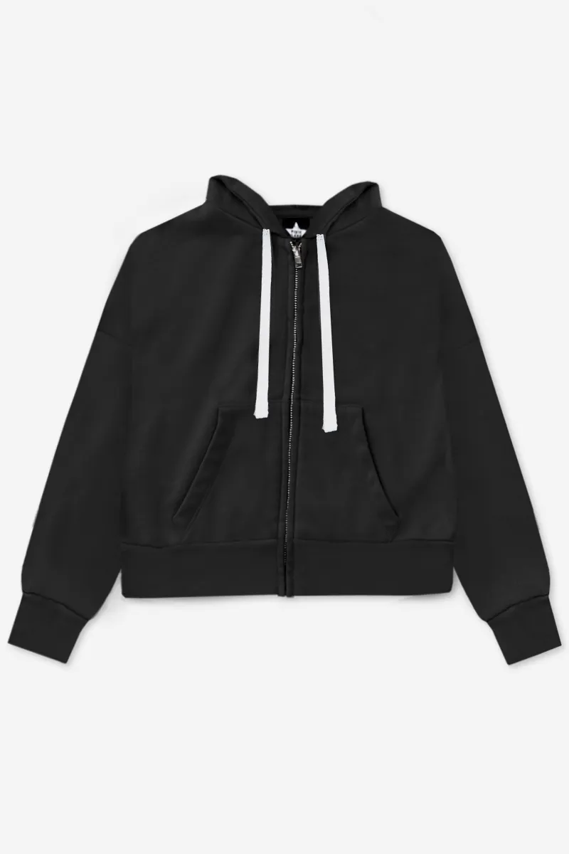 French Terry Luxe Drop Shoulder Zip Hoodie - Black