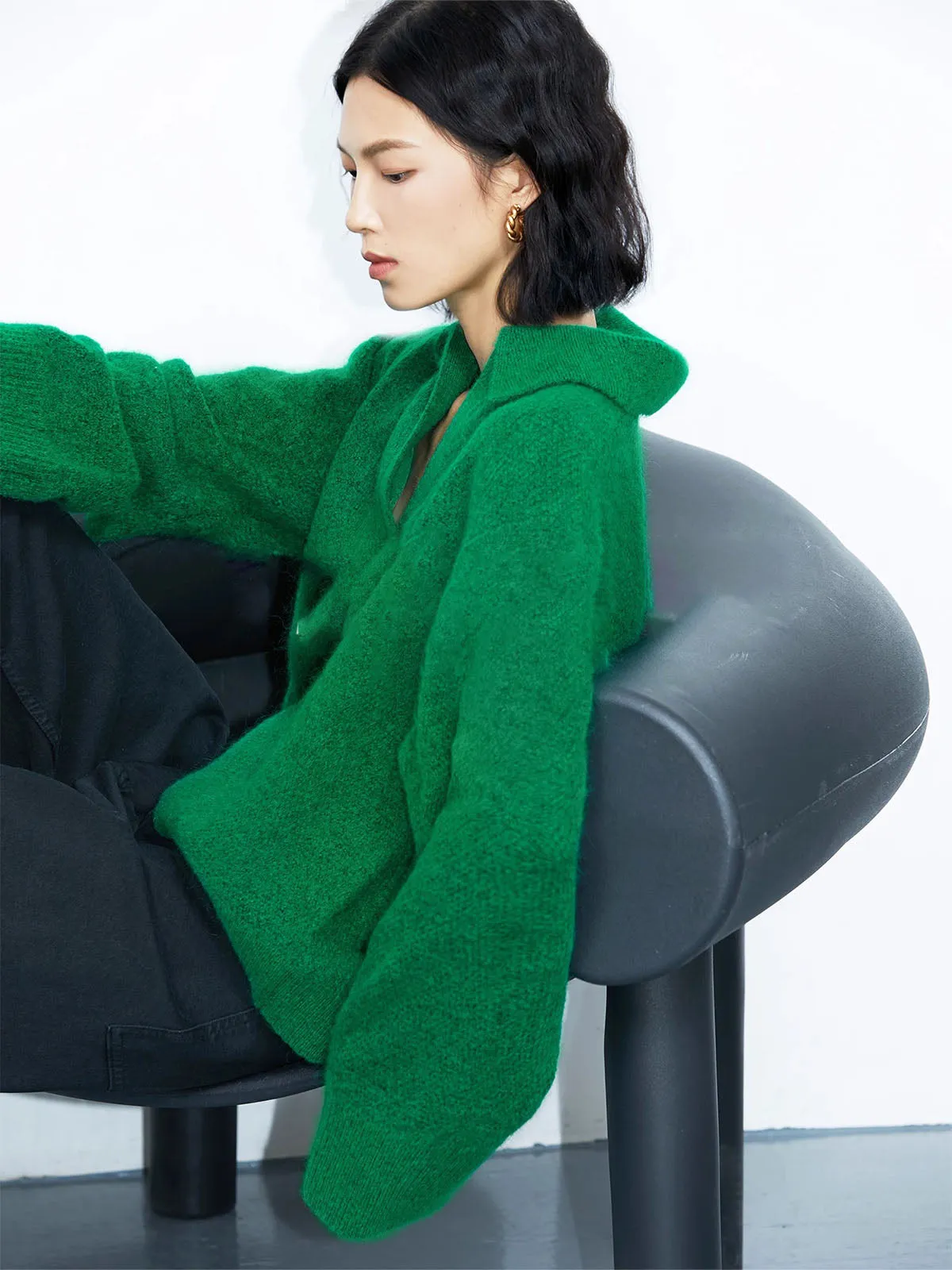 Green Collared Pullover Oversized Knit Sweater