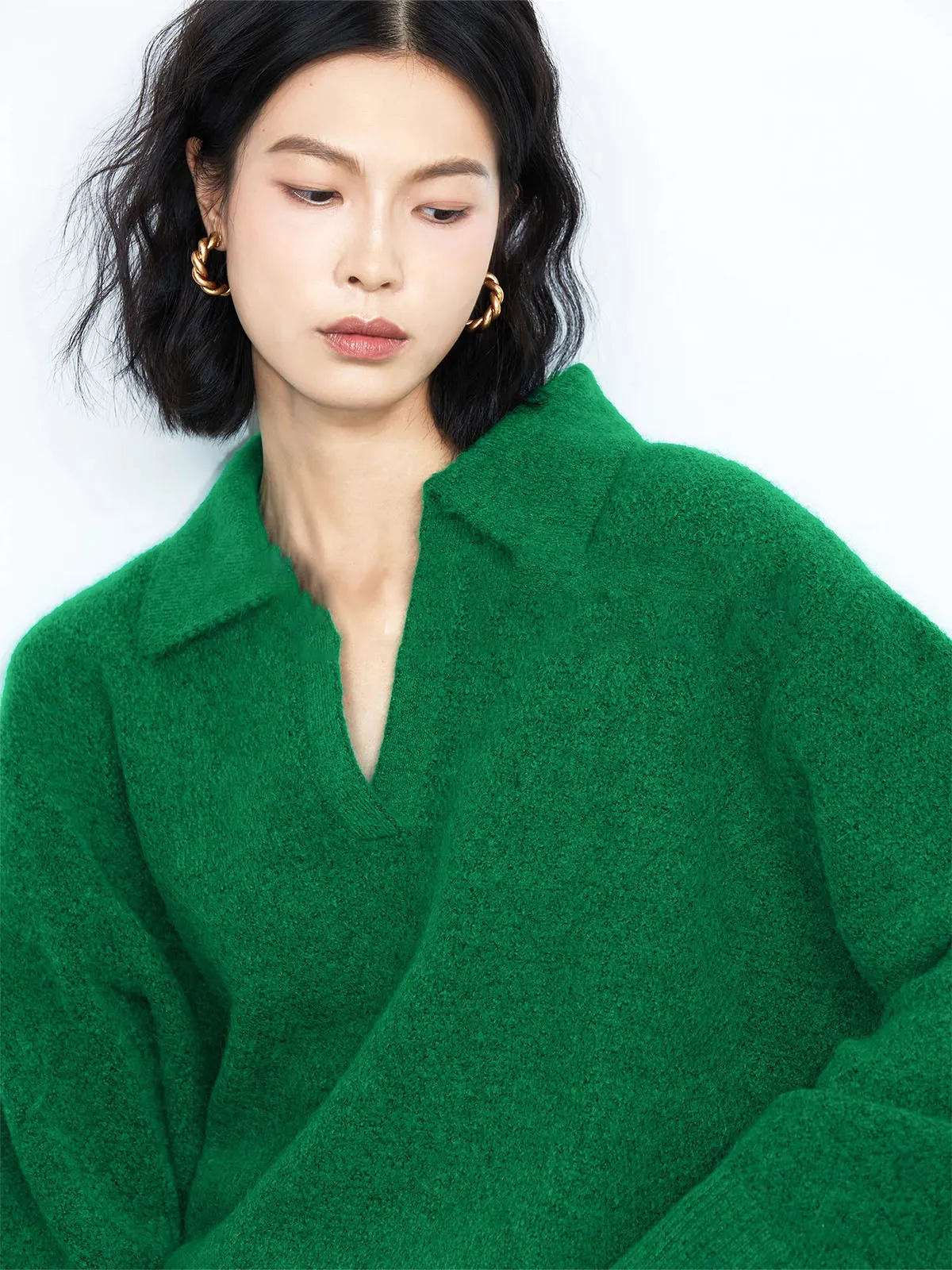 Green Collared Pullover Oversized Knit Sweater