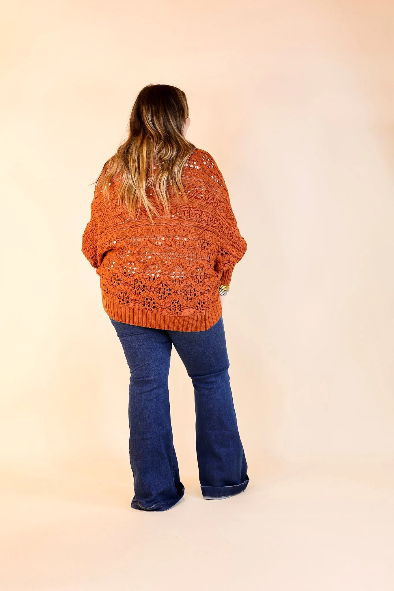 Incredibly Cozy Cable Knit open Front Cardigan in Rust Brown