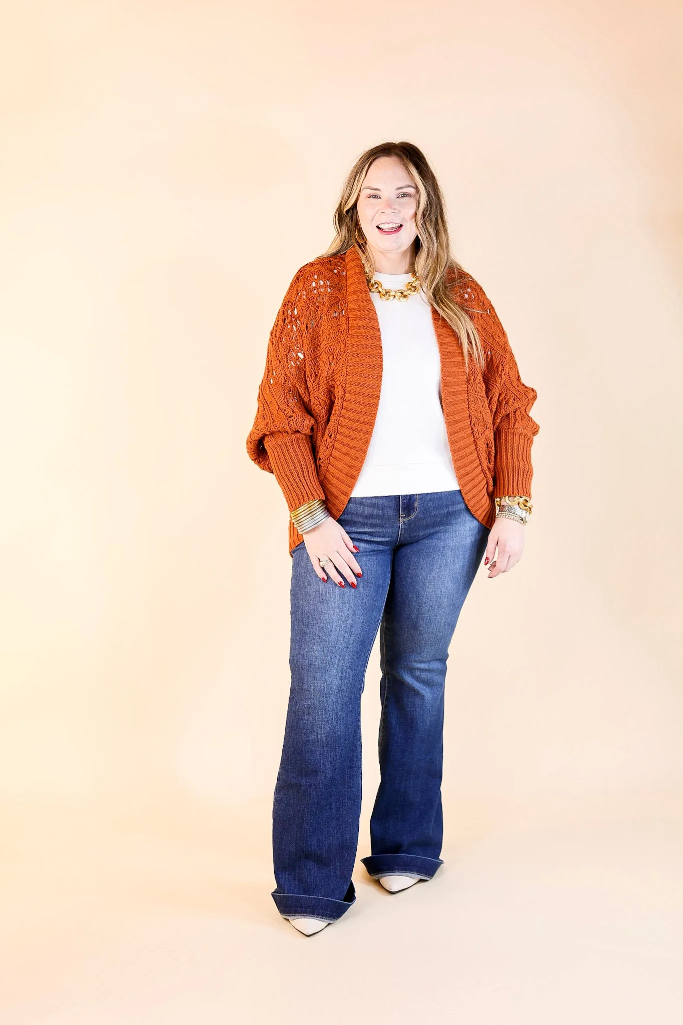 Incredibly Cozy Cable Knit open Front Cardigan in Rust Brown