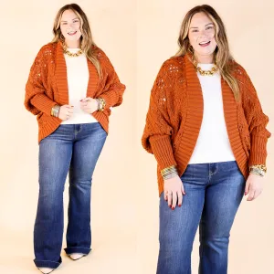 Incredibly Cozy Cable Knit open Front Cardigan in Rust Brown