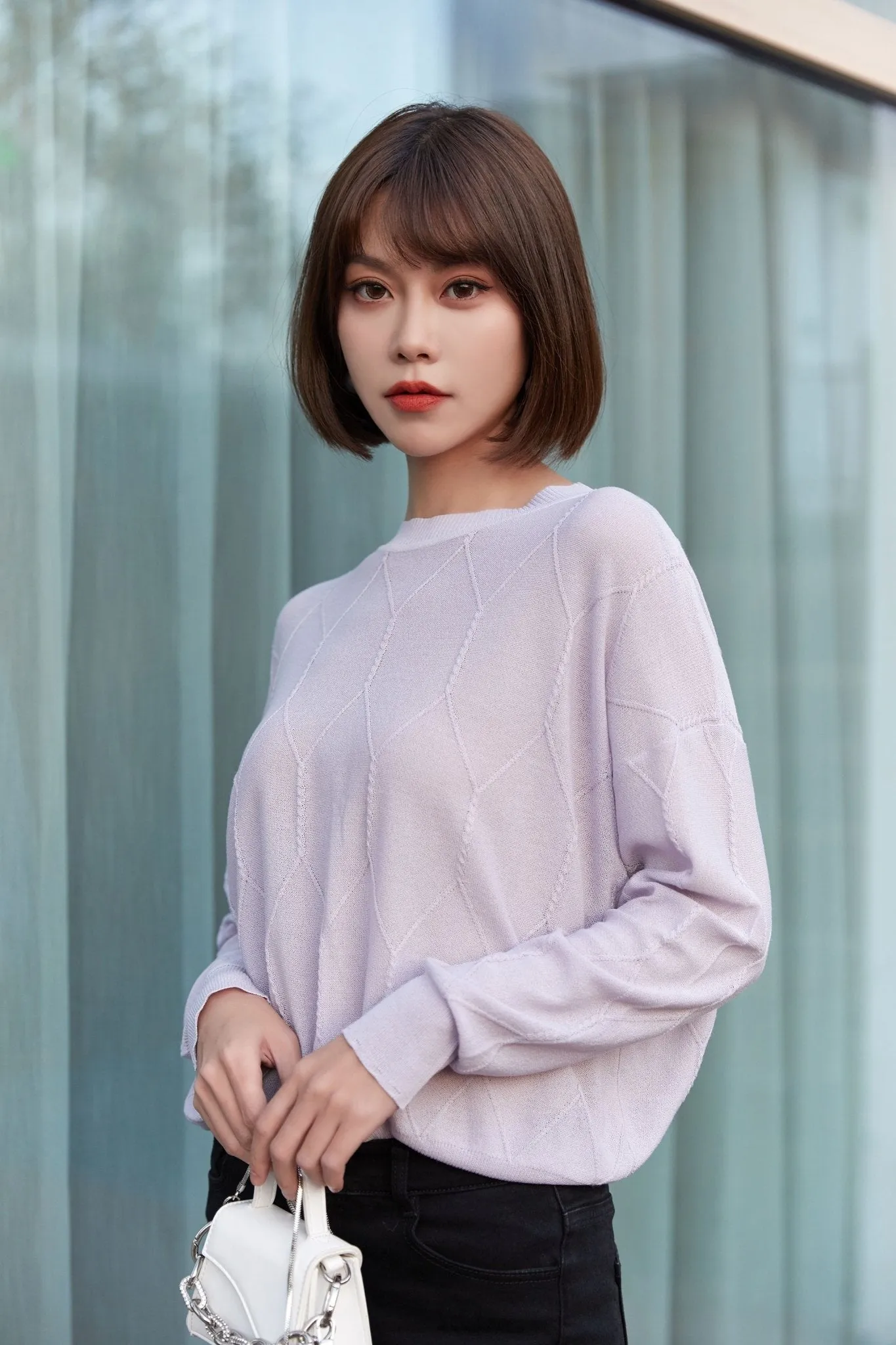 Lavender Long Sleeve Crew Neck Knitted Sweater