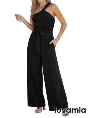 luvamia One Shoulder Jumpsuits for Women Dressy Casual Wide Leg Jumpsuit Overalls with Pocket Belted Comfy Long Rompers