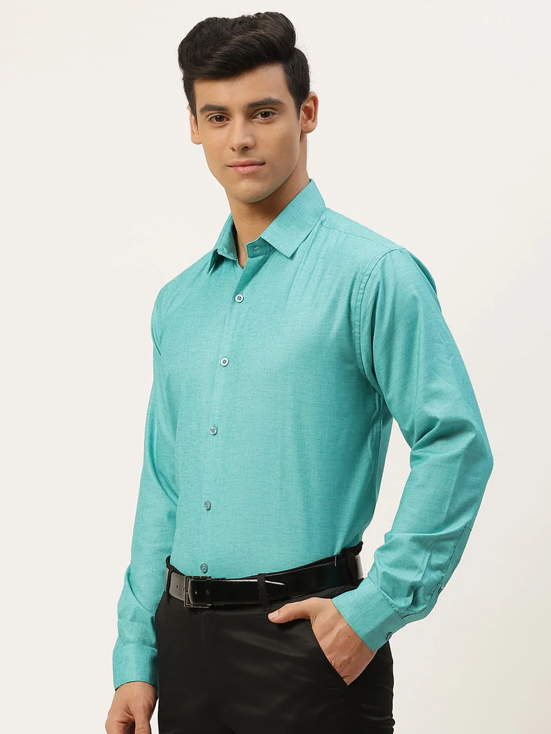 Mens Cotton Linen Turquoise Blue Solid Formal Shirt - Sojanya