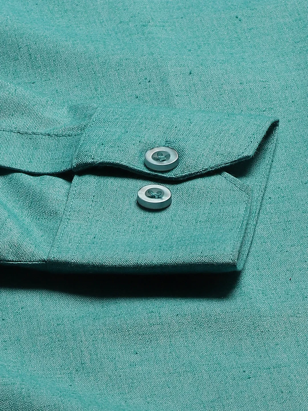 Mens Cotton Linen Turquoise Blue Solid Formal Shirt - Sojanya