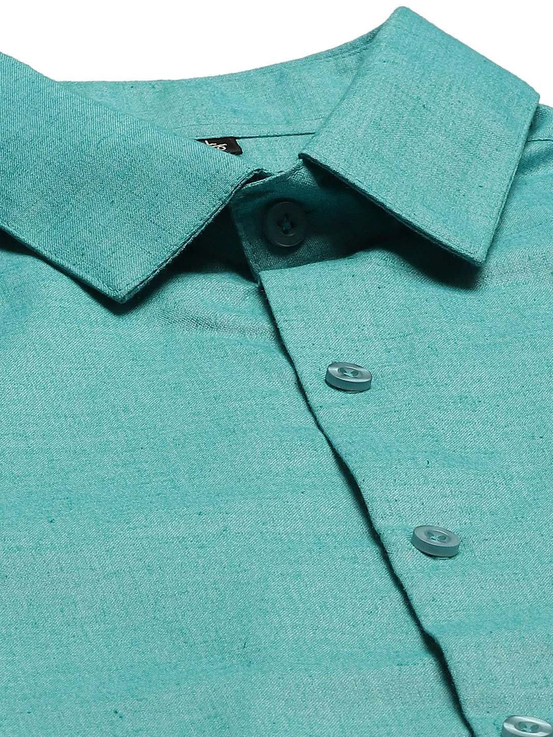 Mens Cotton Linen Turquoise Blue Solid Formal Shirt - Sojanya