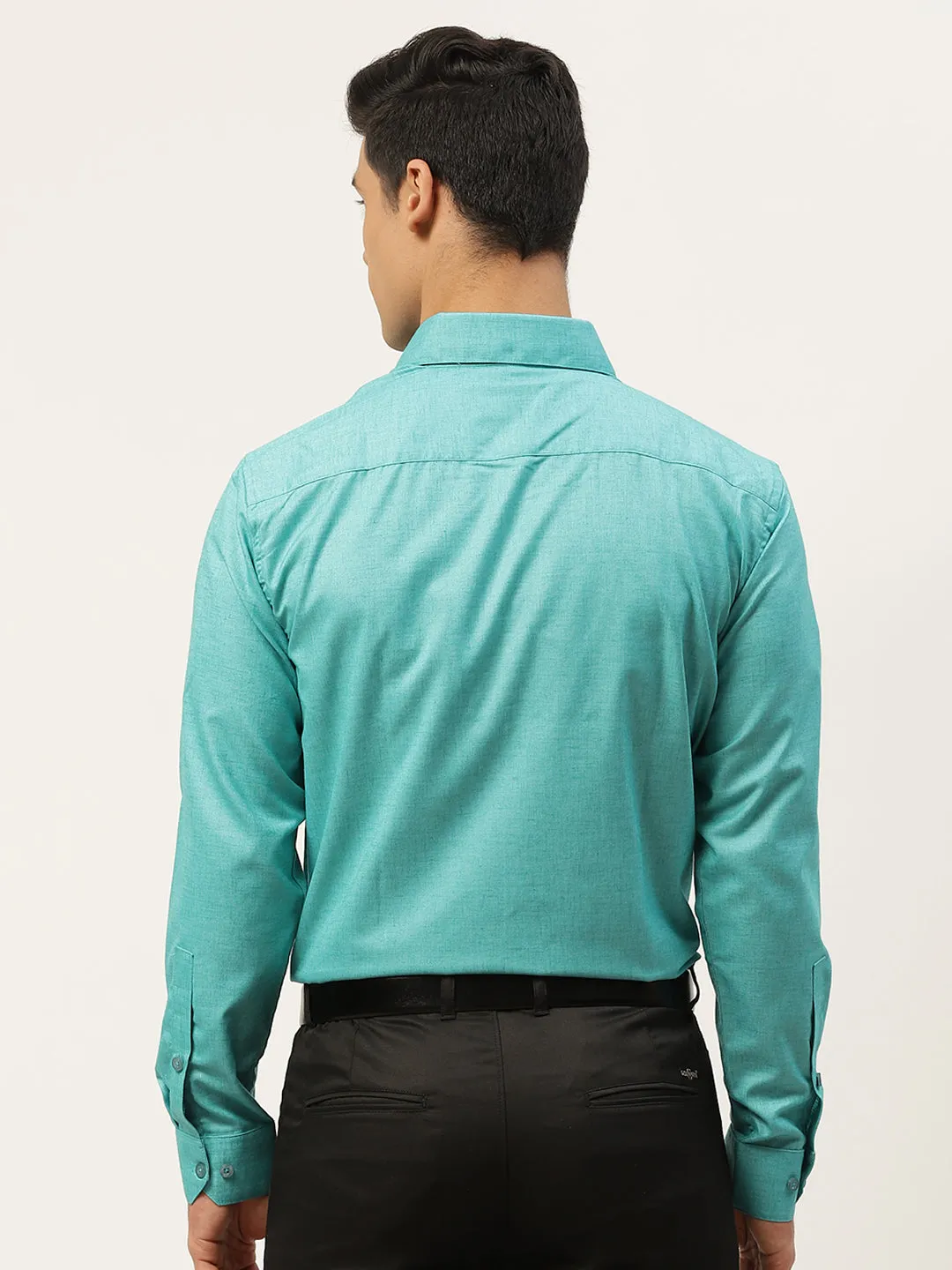 Mens Cotton Linen Turquoise Blue Solid Formal Shirt - Sojanya