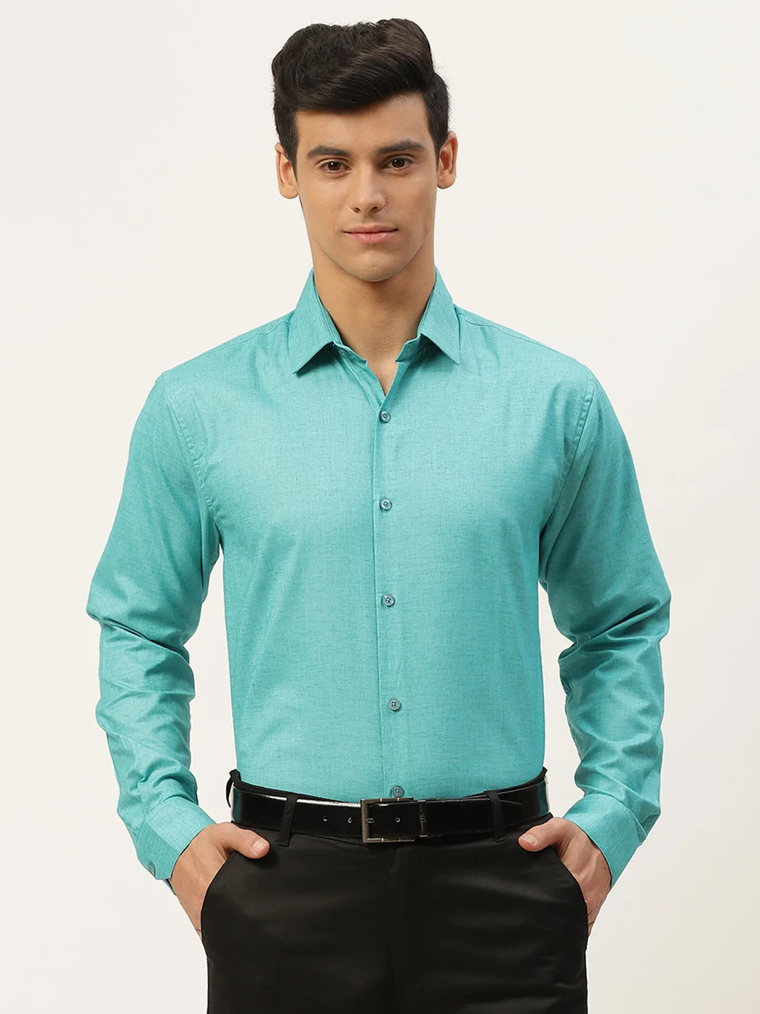 Mens Cotton Linen Turquoise Blue Solid Formal Shirt - Sojanya