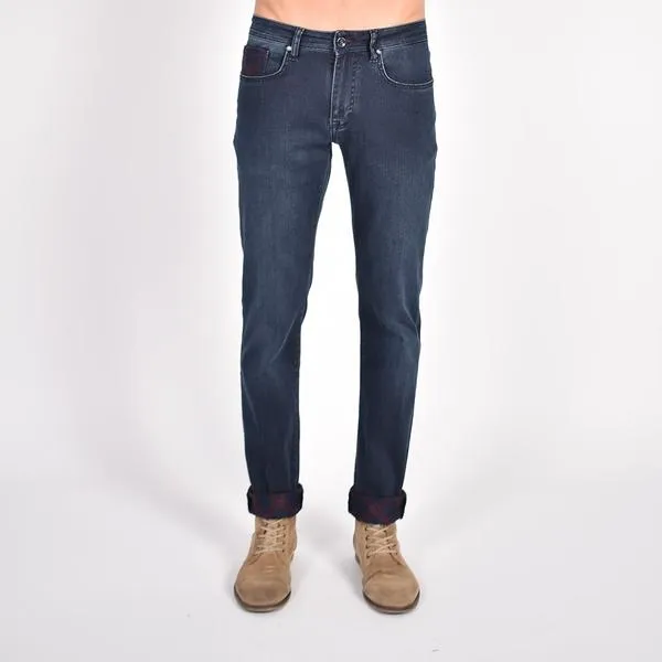 Navy Slim Fit Jeans With Inside Ankle Print #EIG-45