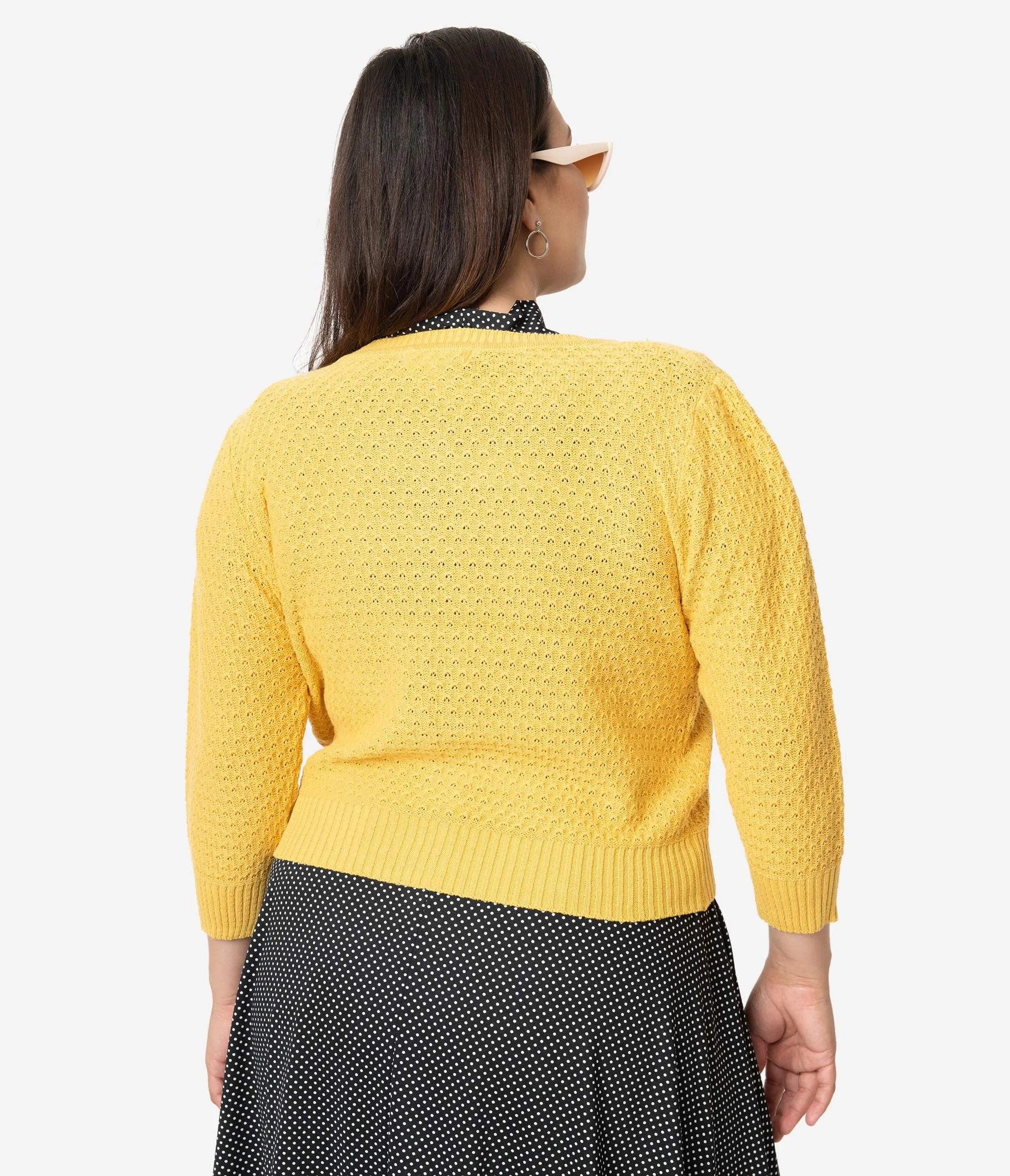 Plus Size Retro Style Honey Yellow Cotton Crochet Sleeved Button Cardigan