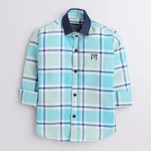 Polka Tots full sleeves checks shirt with  denim collar denim elbow patch  - Blue