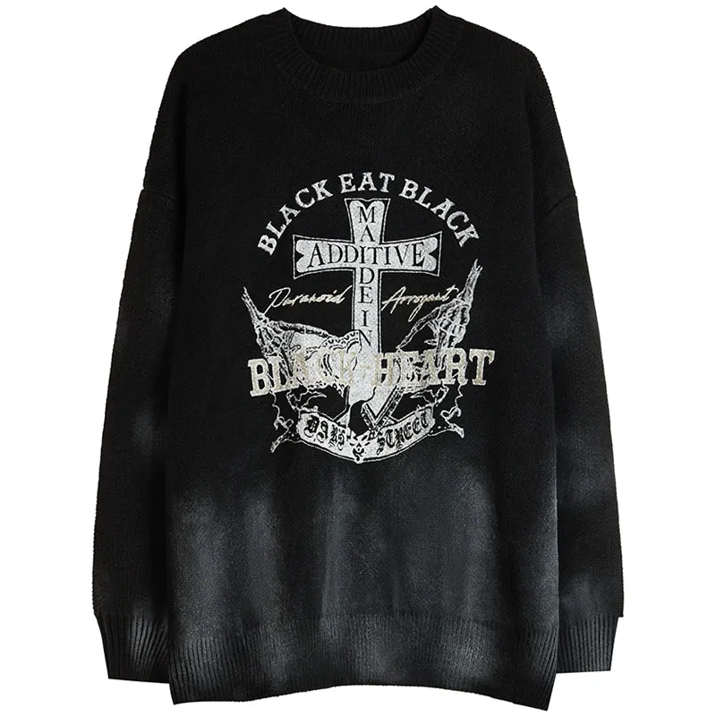 PopFlying Distressed Knit Sweater Black Heart