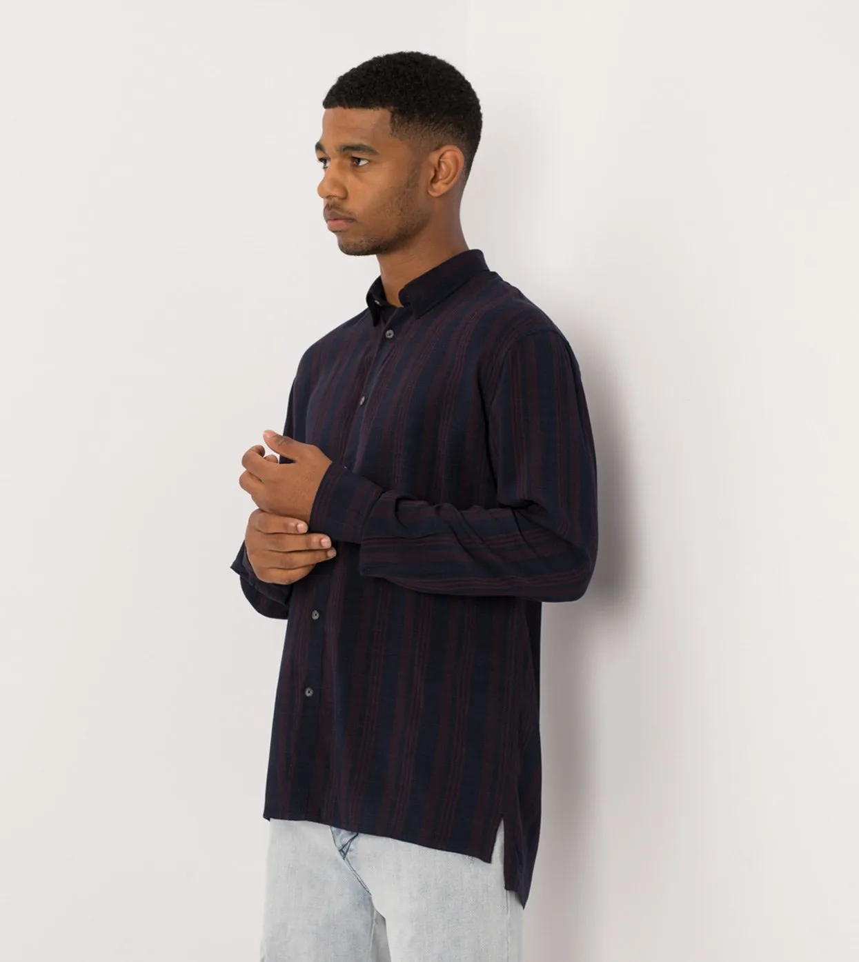 Stripe Rayon LS Shirt Navy/Port - Sale