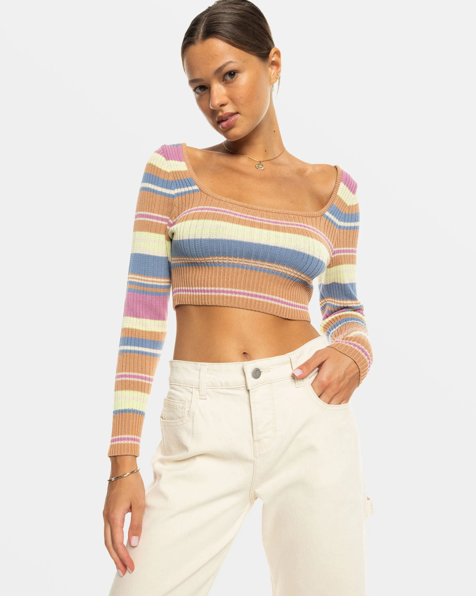 Sunshine Day Cropped Sweater Top - Camel Swithbackstripe Sweaters