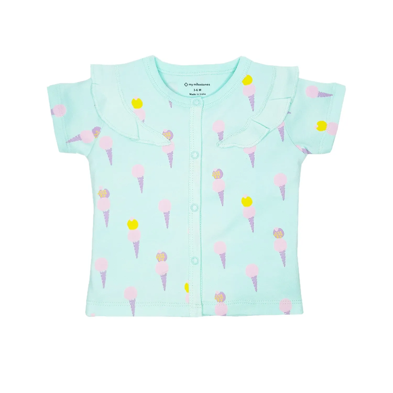 Top Half Sleeves Girls Shoulder Frill - Ice-Cream Print