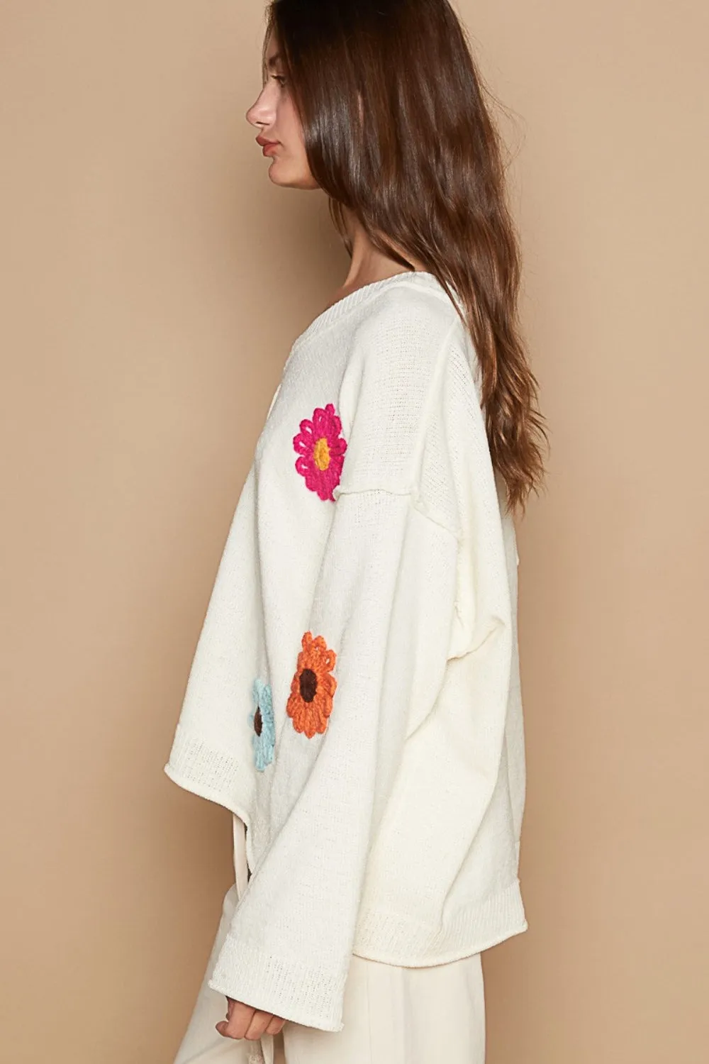 V-Neck Flower Patches Long Sleeve Sweater