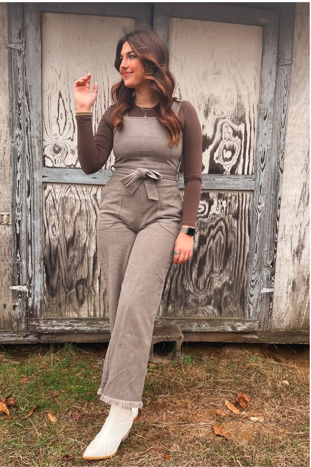 Women's Cotton Denim Overalls | Belted Jumpsuit | Charcoal Brown