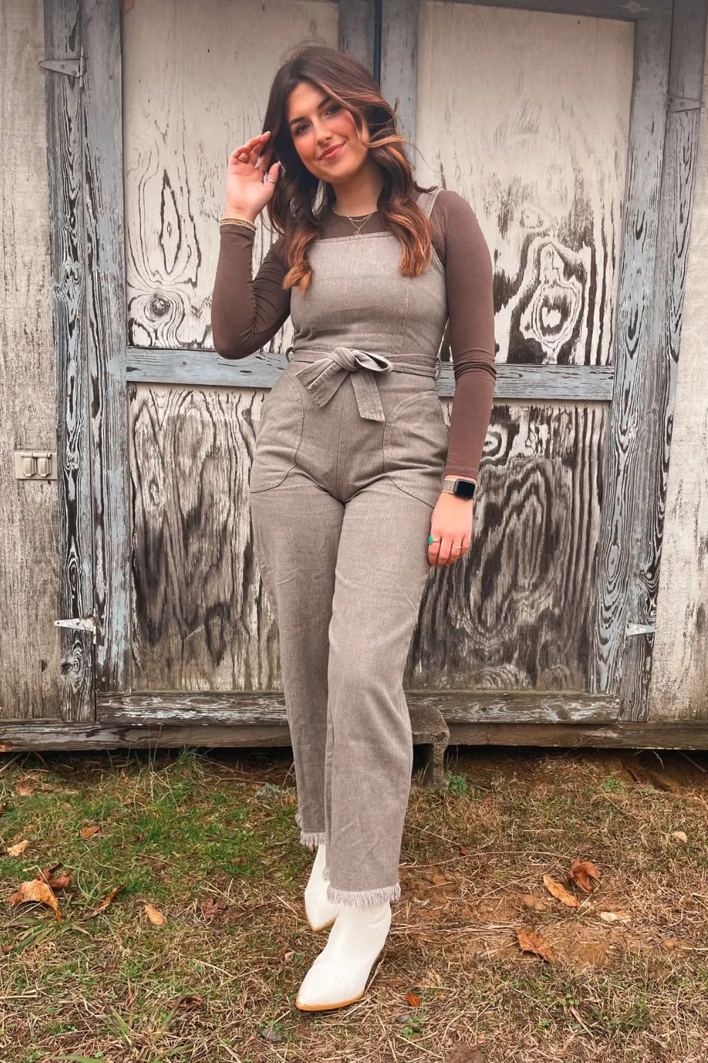 Women's Cotton Denim Overalls | Belted Jumpsuit | Charcoal Brown