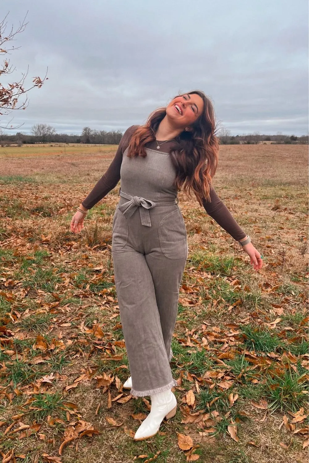 Women's Cotton Denim Overalls | Belted Jumpsuit | Charcoal Brown