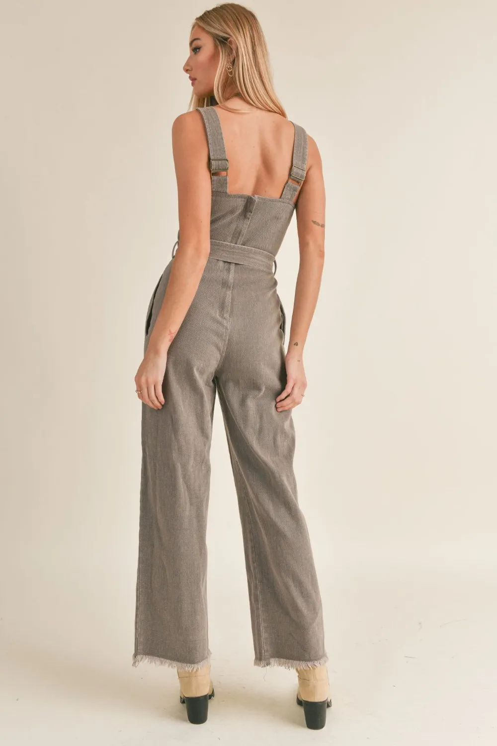 Women's Cotton Denim Overalls | Belted Jumpsuit | Charcoal Brown