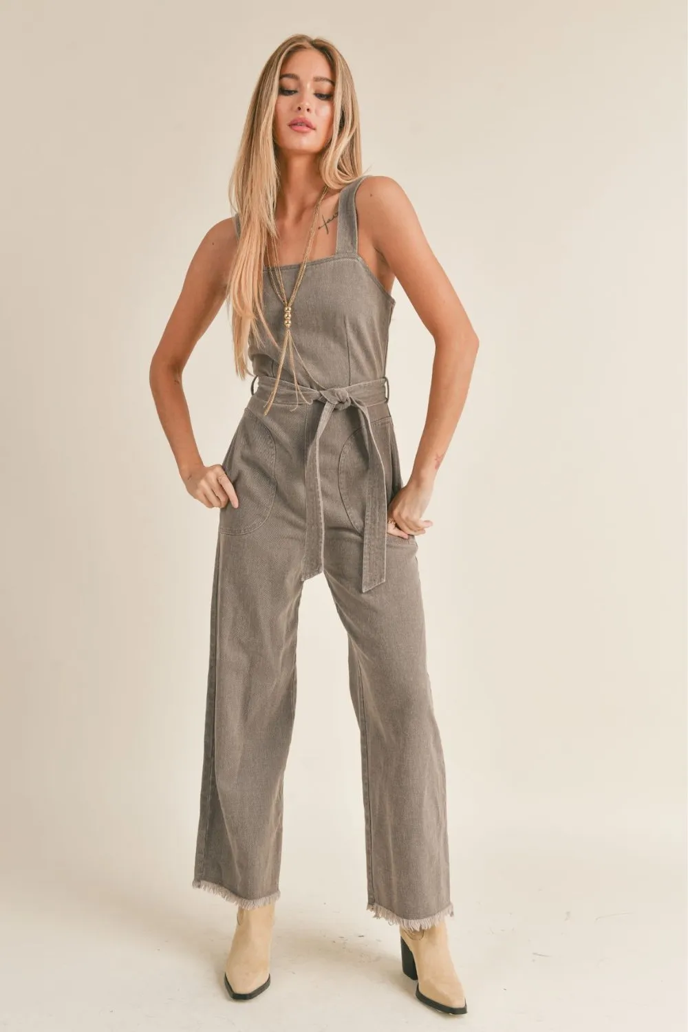 Women's Cotton Denim Overalls | Belted Jumpsuit | Charcoal Brown