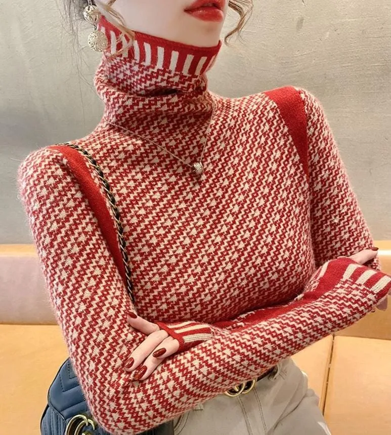 Women's Elegant Striped Slim Fit Sweater – Casual Mock Neck Pullover for Office & Chic Style