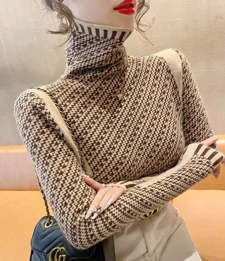 Women's Elegant Striped Slim Fit Sweater – Casual Mock Neck Pullover for Office & Chic Style